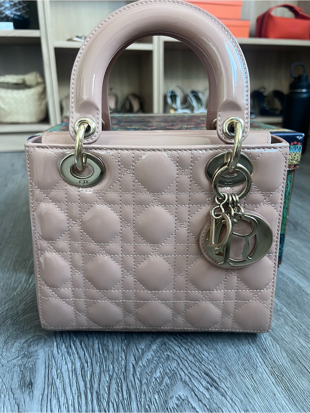 Nude/ Rose Lady Dior Patent Cannage Small